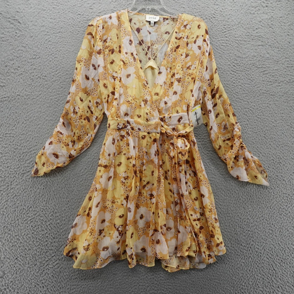 Joie Womens Yellow Floral Silk Wrap Mini Dress V-Neck Long Sleeve Size Large NEW